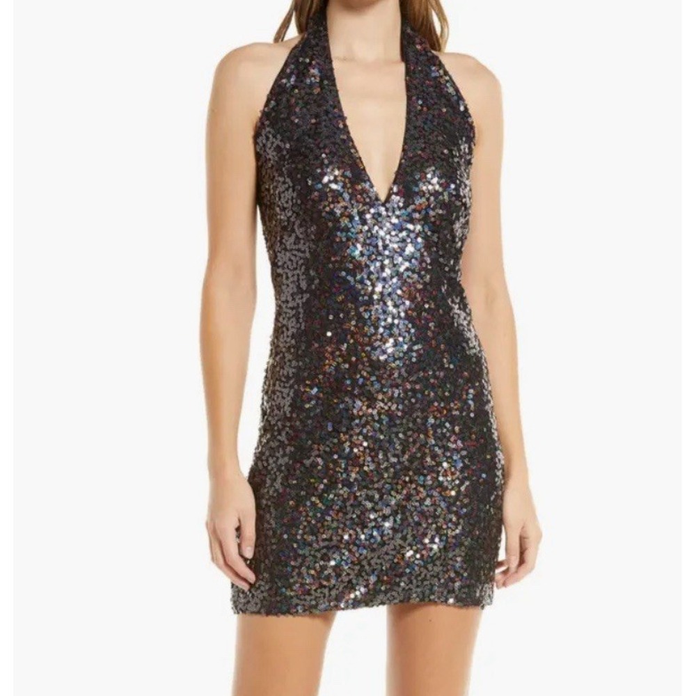 SHO by Tadashi Shoji Sleeveless‎ Black Sequin Halter Dress Size M